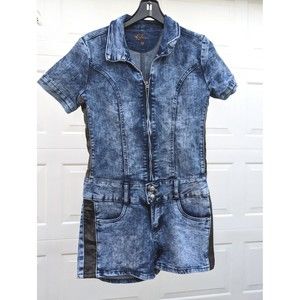 Kalowa Denim Jeans Romper Leather Jumpsuit Rhinestones Buttons Blue Zip Medium